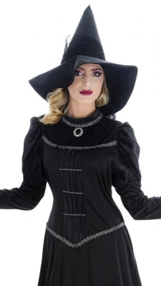 Hexen Damenkostüm "Orelie" - Langes Kleid und Hexenhut | Schwarz Silber