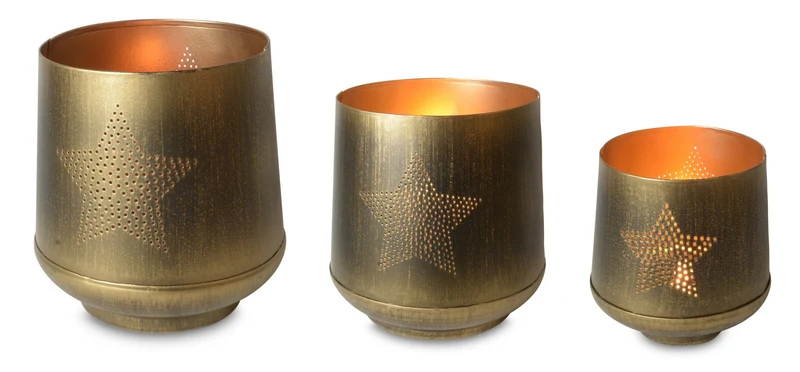 Windlicht Set 3-teilig | Stern & Baum Design | Gold Bronze Metall | 19155