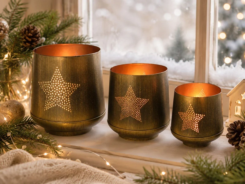 Windlicht Set 3-teilig | Stern & Baum Design | Gold Bronze Metall | 19155