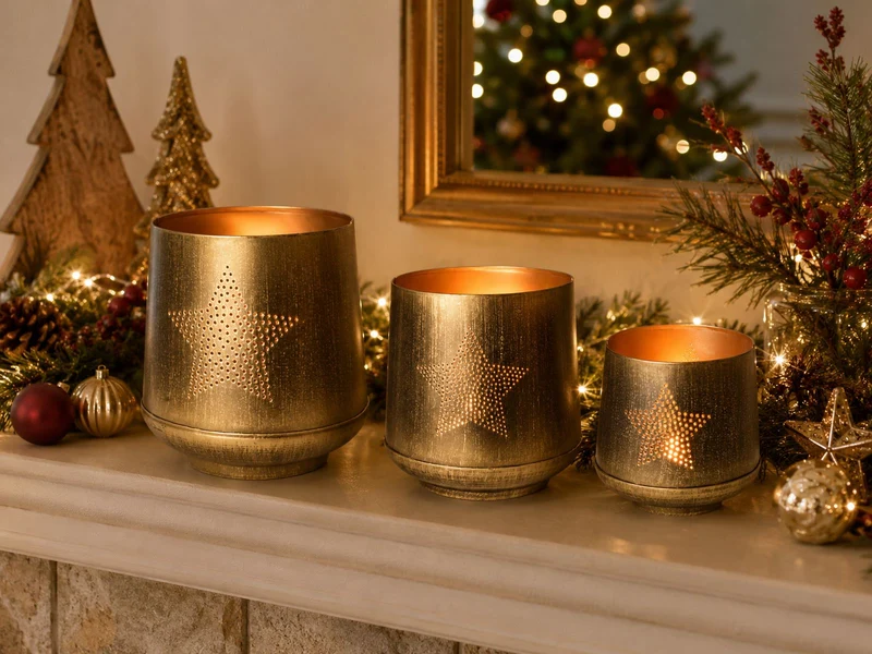 Windlicht Set 3-teilig | Stern & Baum Design | Gold Bronze Metall | 19155