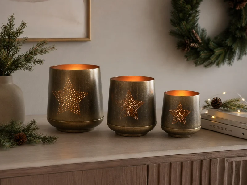 Windlicht Set 3-teilig | Stern & Baum Design | Gold Bronze Metall | 19155