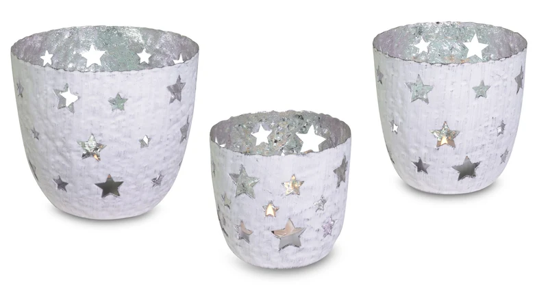 Windlichter 3er Set | Sterne Weiß Silber | Metall 12/10/8 cm | Weihnachten | 19191