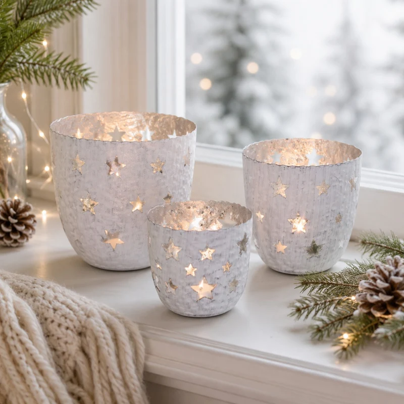 Windlichter 3er Set | Sterne Weiß Silber | Metall 12/10/8 cm | Weihnachten | 19191