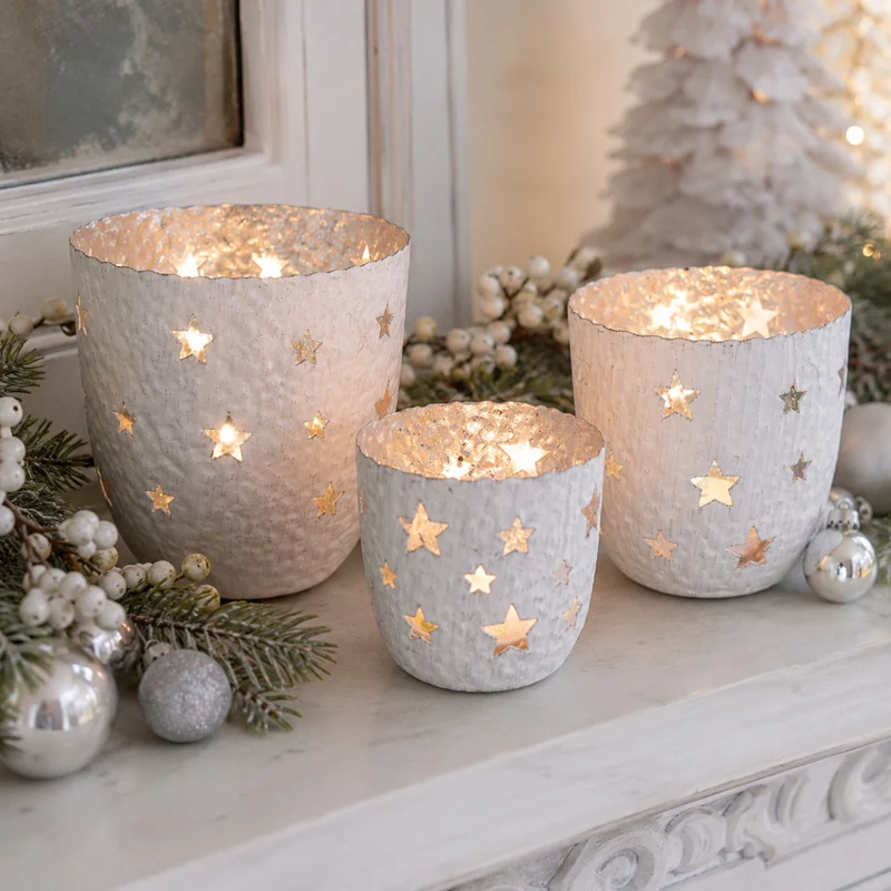 Windlichter 3er Set | Sterne Weiß Silber | Metall 12/10/8 cm | Weihnachten | 19191