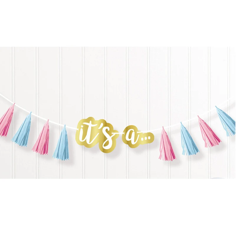 "The Big Reveal" - Quasten Girlande 240 cm Rosa Blau Dekoration für Gender Reveal