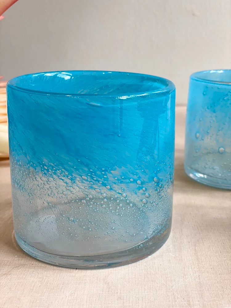 Windlicht LINEN bubble, türkis 8x8x8cm