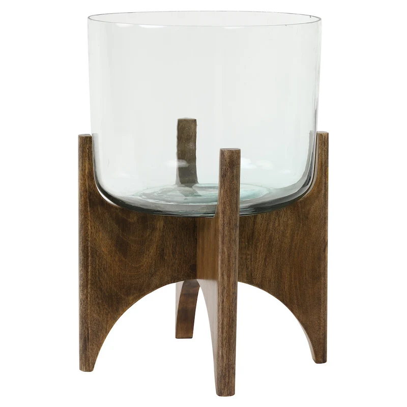 Vase auf Fuss JACE - Glas+Holz Ø31,5x29 cm