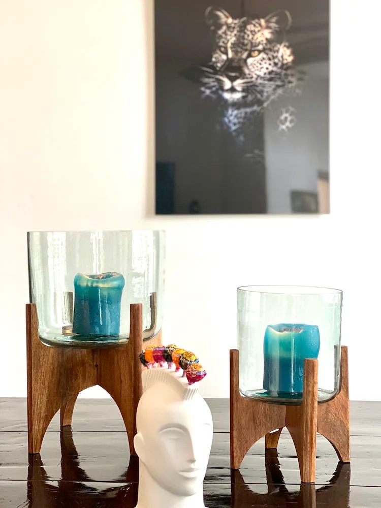 Vase auf Fuss JACE - Glas+Holz Ø31,5x29 cm