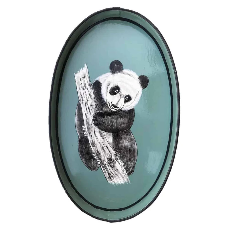 handbemaltes Tablett ‘PANDA’ aus Eisen - grün 33x20 cm