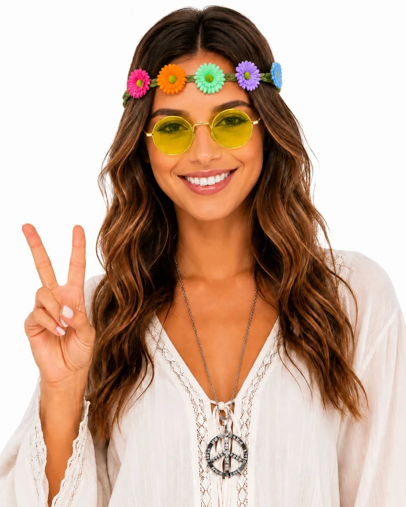 Hippie Set 3-tlg. - Margeriten Haarband, Peace Kette und Lennon Brille | Gelb