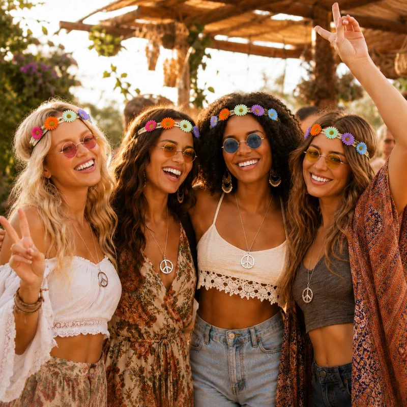 Hippie Set 3-tlg. - Margeriten Haarband, Peace Kette und Lennon Brille | Gelb