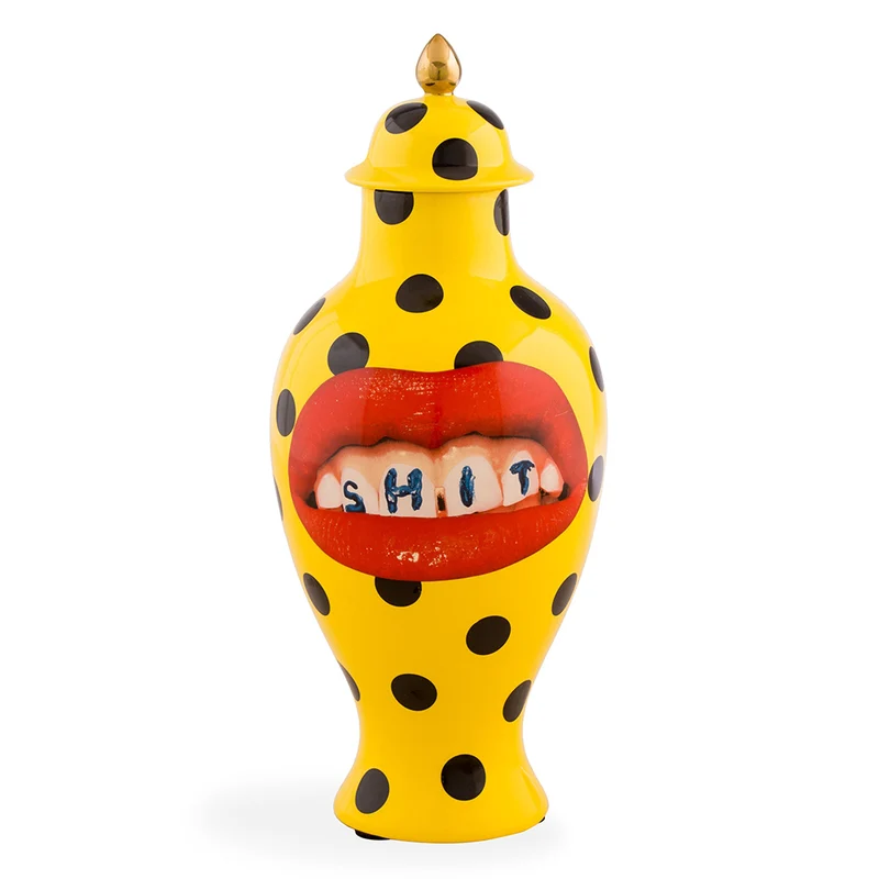 Vase mit Deckel SHIT gelb-schwarz Ø19,5x46,5 cm