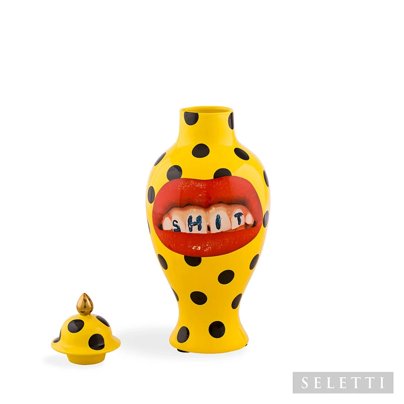 Vase mit Deckel SHIT gelb-schwarz Ø19,5x46,5 cm