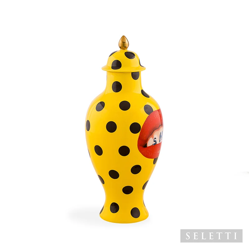 Vase mit Deckel SHIT gelb-schwarz Ø19,5x46,5 cm