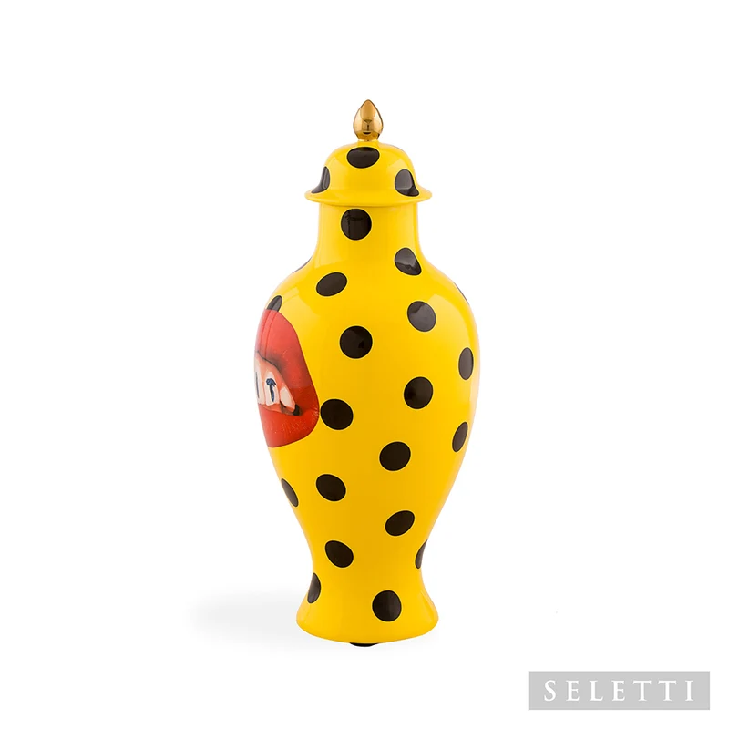 Vase mit Deckel SHIT gelb-schwarz Ø19,5x46,5 cm