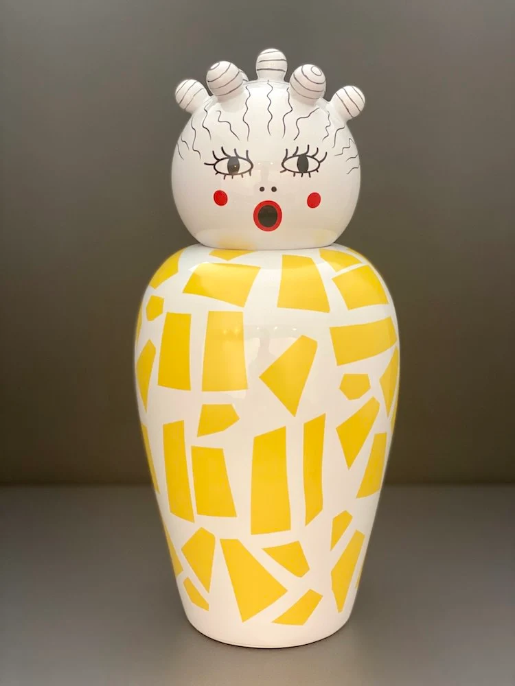 Vase mit Deckel CANOPIE ROSIO weiß-gelb Ø17x25,5 cm