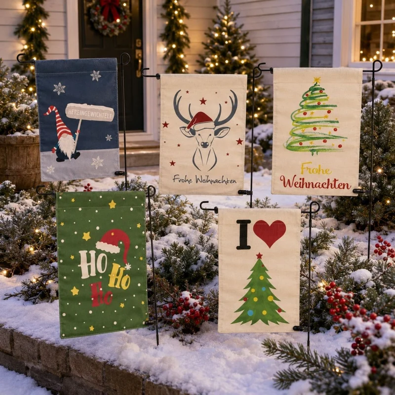 Riffelmacher Gartenfahne Weihnachten | Herzen gewichtelt Motiv | Grau | Stoff 32×45 / 90 cm | Weihnachtsdeko für außen | 13504