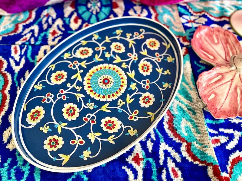 Tablett aus Eisen 'FLORAL' blau-mix 48x39 cm