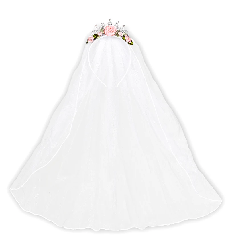 Tiara mit Brautschleier und Rosen | Weiß Rosa