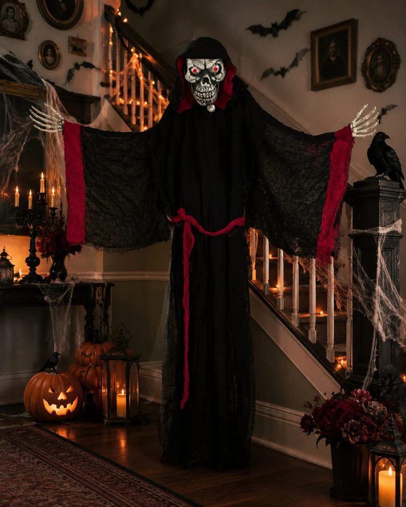 Halloween Dekoration Vampir mit Totenkopf animiert 155 cm | Standfigur mit Licht & Sound