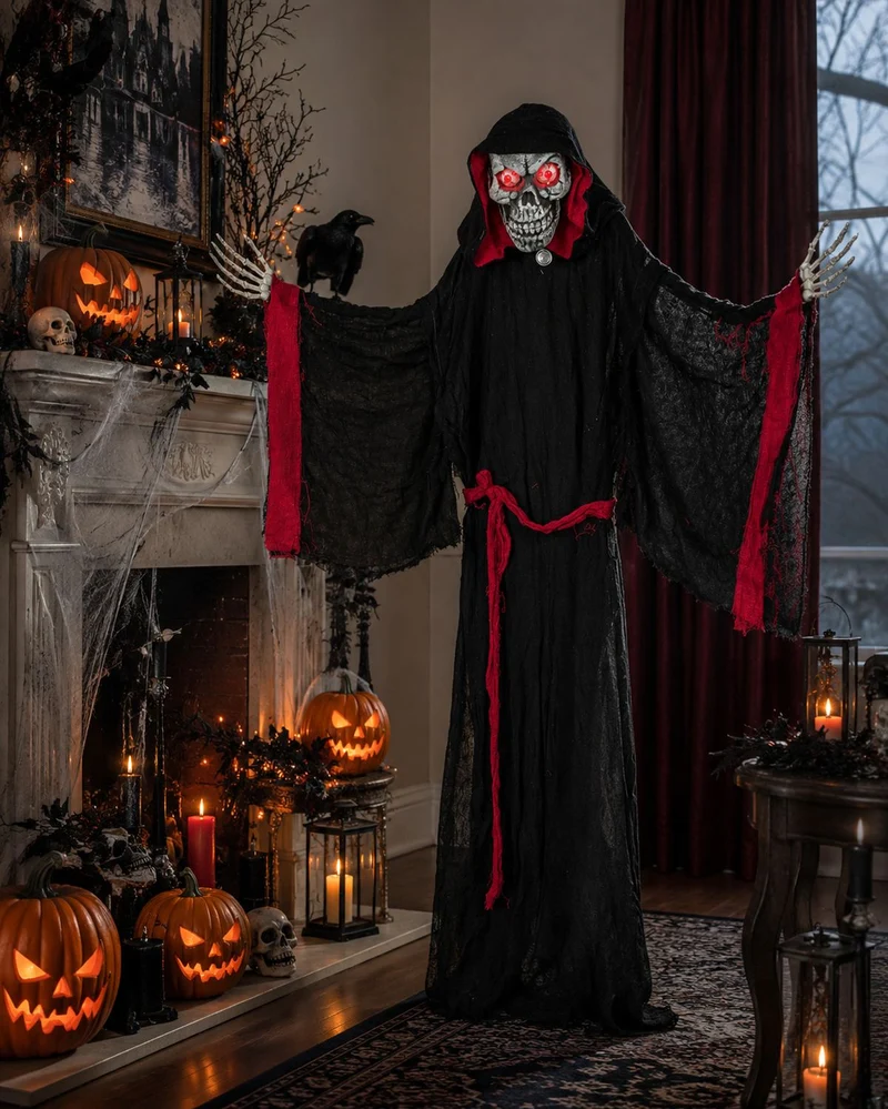Halloween Dekoration Vampir mit Totenkopf animiert 155 cm | Standfigur mit Licht & Sound