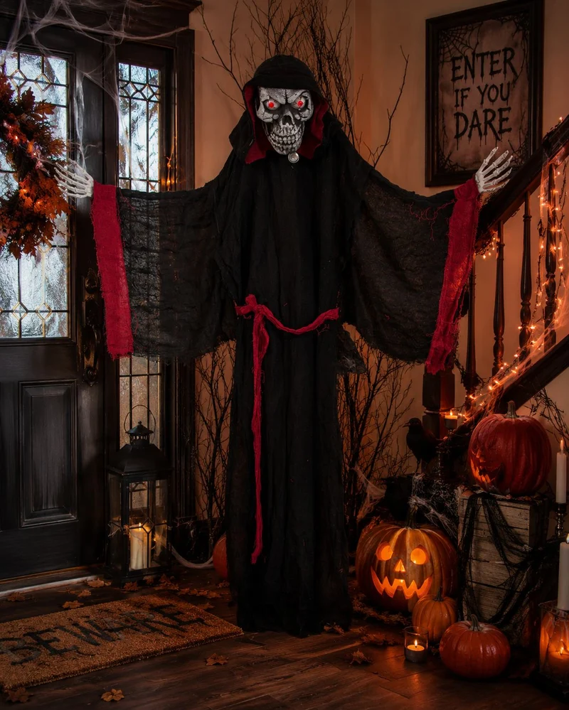 Halloween Dekoration Vampir mit Totenkopf animiert 155 cm | Standfigur mit Licht & Sound