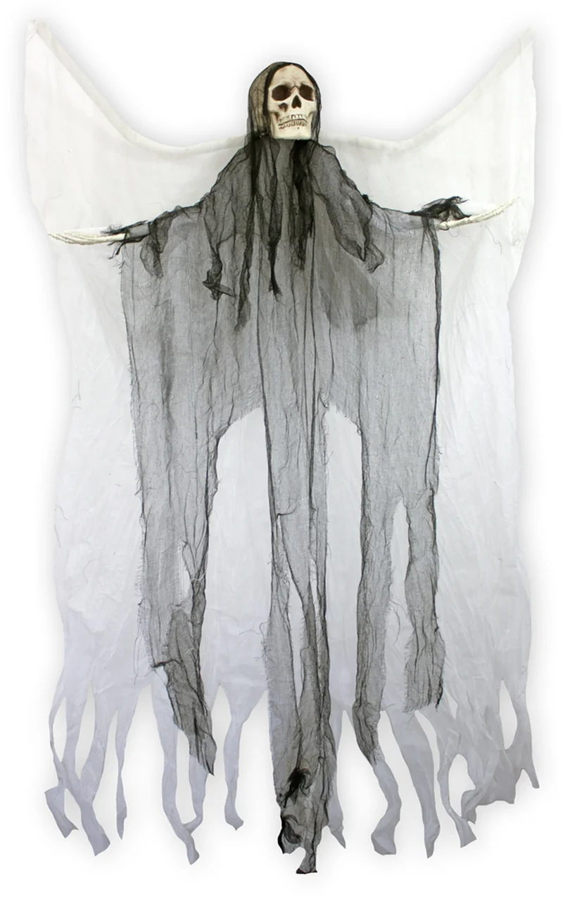 Todesengel Halloween Hängefigur 180 cm  Geist mit Flügeln & Totenkopf