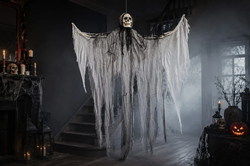 Todesengel Halloween Hängefigur 180 cm  Geist mit Flügeln & Totenkopf
