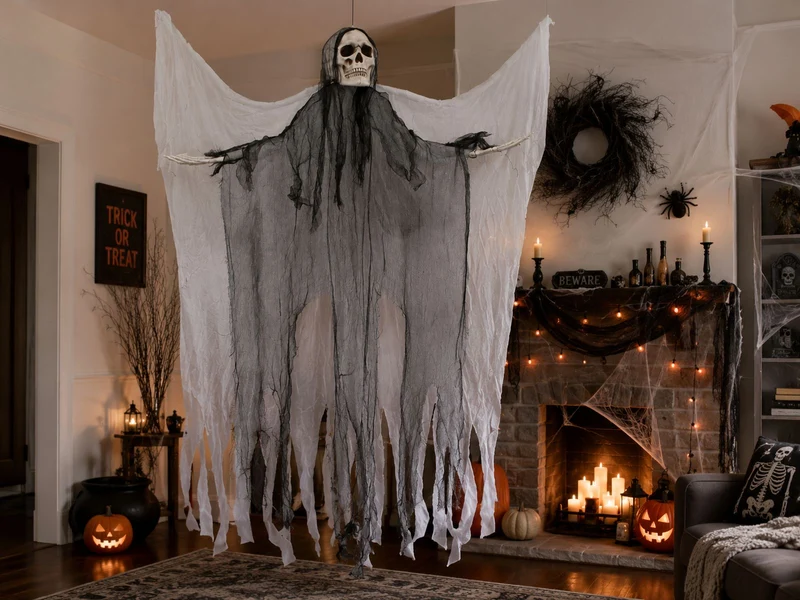 Todesengel Halloween Hängefigur 180 cm  Geist mit Flügeln & Totenkopf