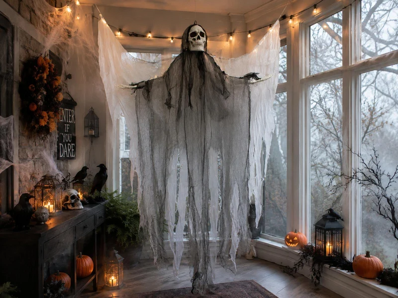Todesengel Halloween Hängefigur 180 cm  Geist mit Flügeln & Totenkopf