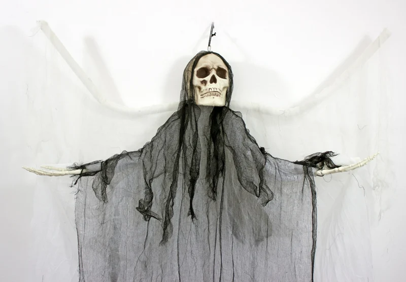 Todesengel Halloween Hängefigur 180 cm  Geist mit Flügeln & Totenkopf