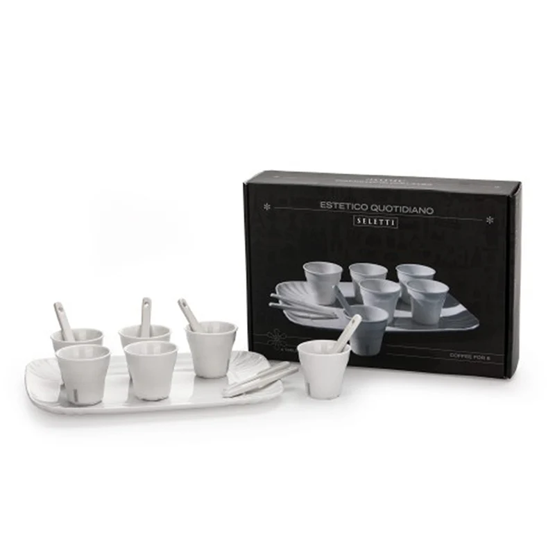Kaffee Set 'COFFEE SET' aus Porzellan mit 6 Bechern + 6 Rührstäbe + 1 Tablett