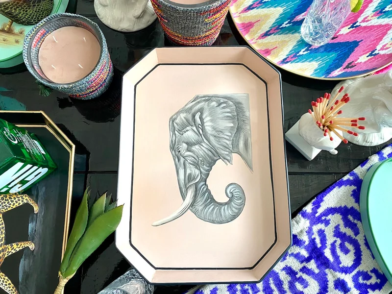 handbemaltes Tablett 'ELEFANT' aus Eisen in creme - 43x30cm