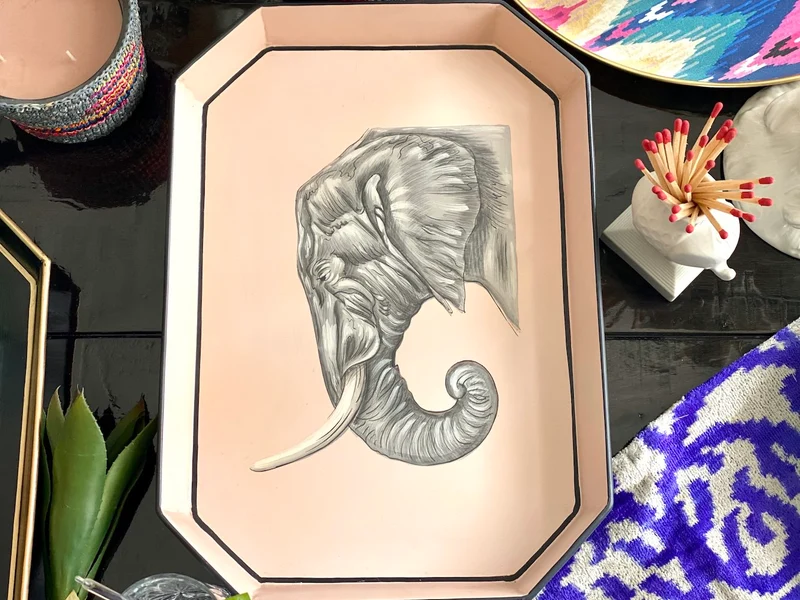 handbemaltes Tablett 'ELEFANT' aus Eisen in creme - 43x30cm