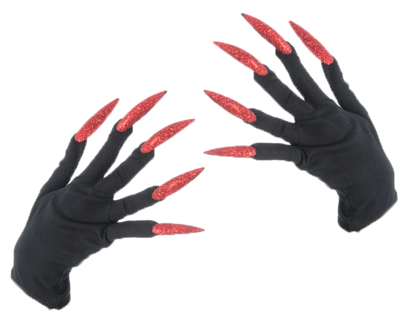 Handschuhe "Hexenfingernägel" | Glitzer Rot - Zubehör Hexenkostüm Halloween