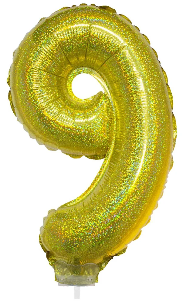 Zahlen Folienballon 41 cm mit Stab - Holografisch Gold Zahl 9