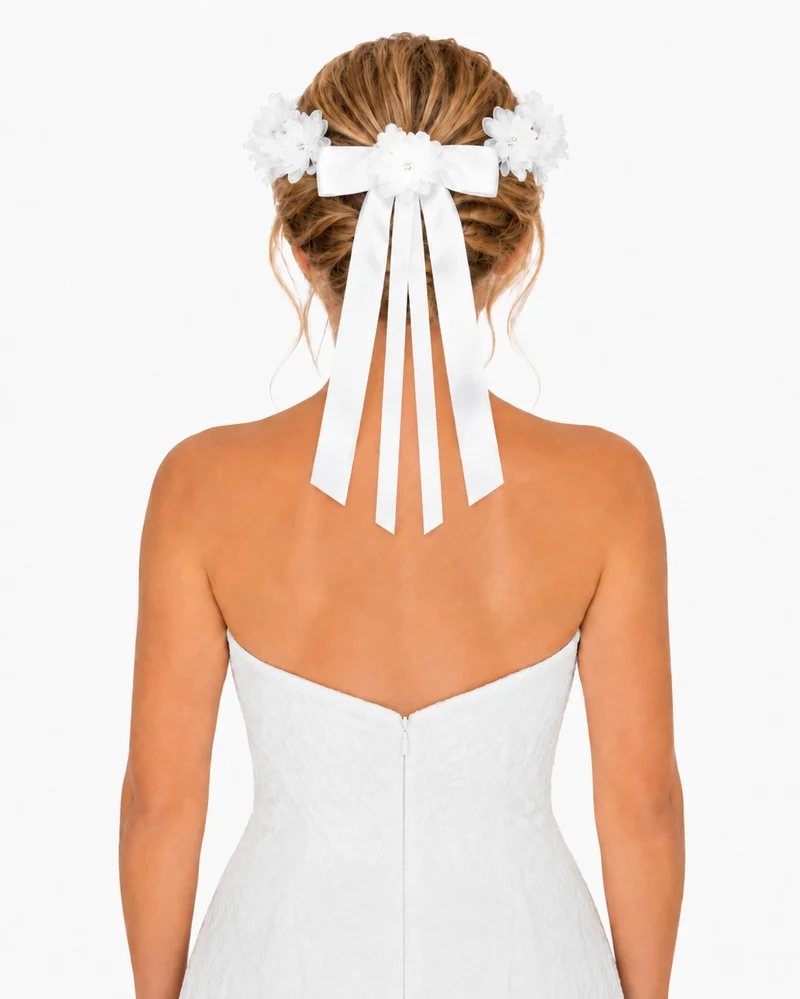 Braut Haarkranz Kisha mit Bändern und Blüten - Weiß