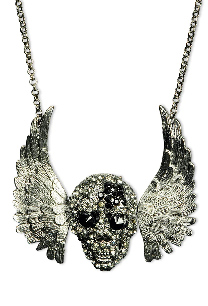 Silberne Halskette mit Strass Totenkopf und Engelsflügeln
