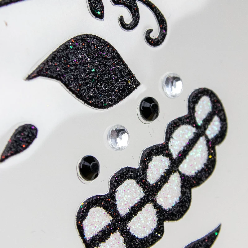 Halloween Gesichts-Tattoo "Skelett" | Schwarz Glitzer