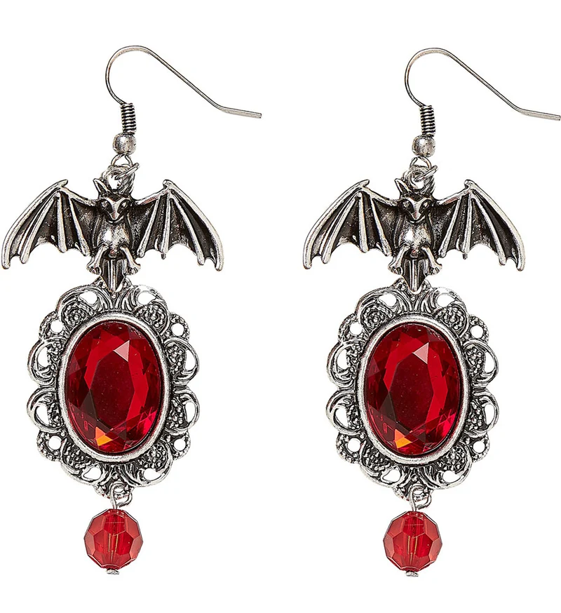 Fledermaus Ohrringe mit Schmuckstein 46754 - Silber Rot | Schmuck Kostüm Vampir Hexe Halloween