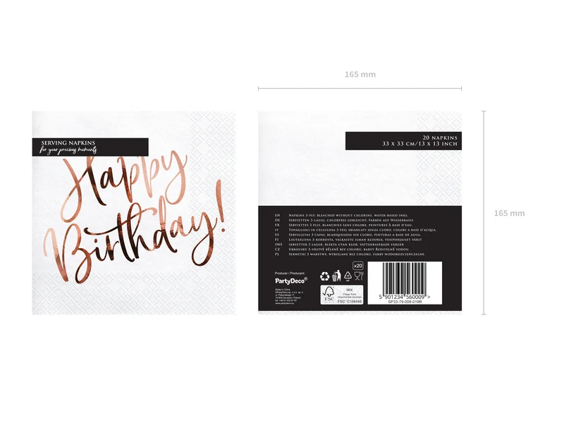 Servietten "Happy Birthday Roségold" 20Stk./33x33cm