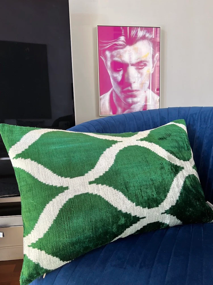 Kissen 'IKAT' aus Seidensamt - grün-weiss 40x60 cm