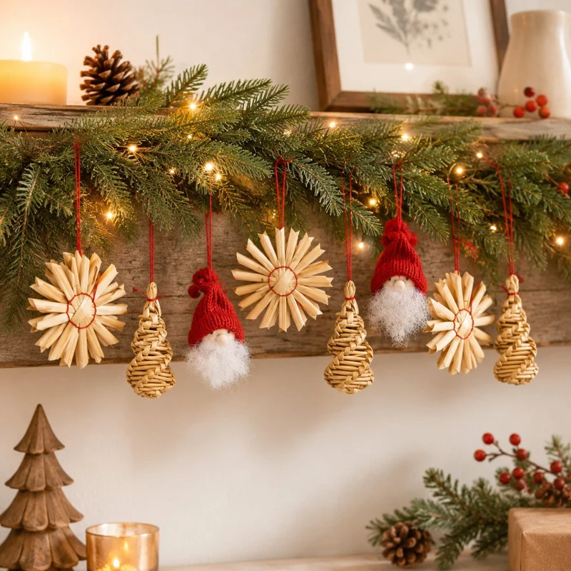 Strohartikel Hänger 12er Set | 6x6 cm | Natur | Weihnachtsbaum | 12803