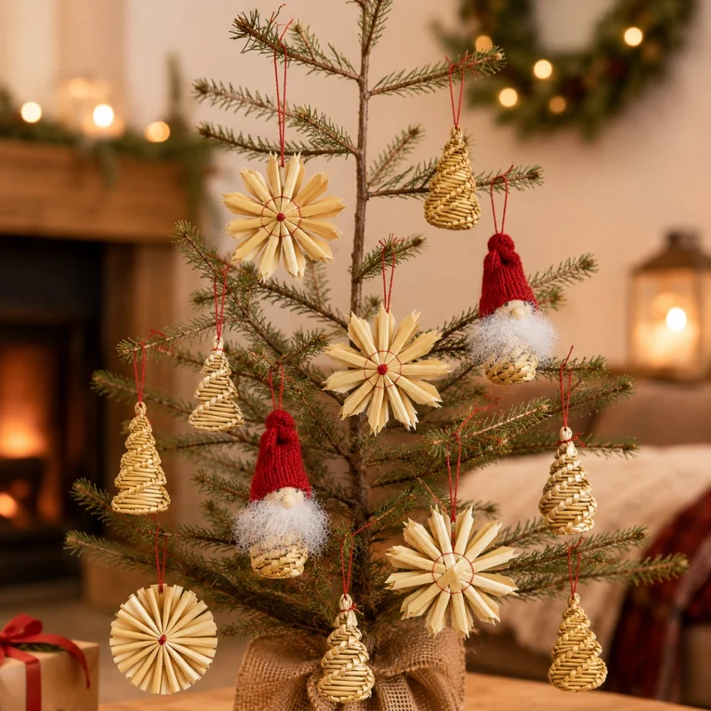 Strohartikel Hänger 12er Set | 6x6 cm | Natur | Weihnachtsbaum | 12803