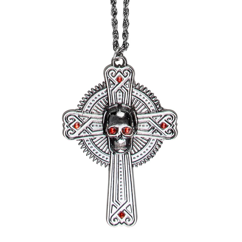 Halskette "Skull" mit Kreuz | Altsilber Rot
