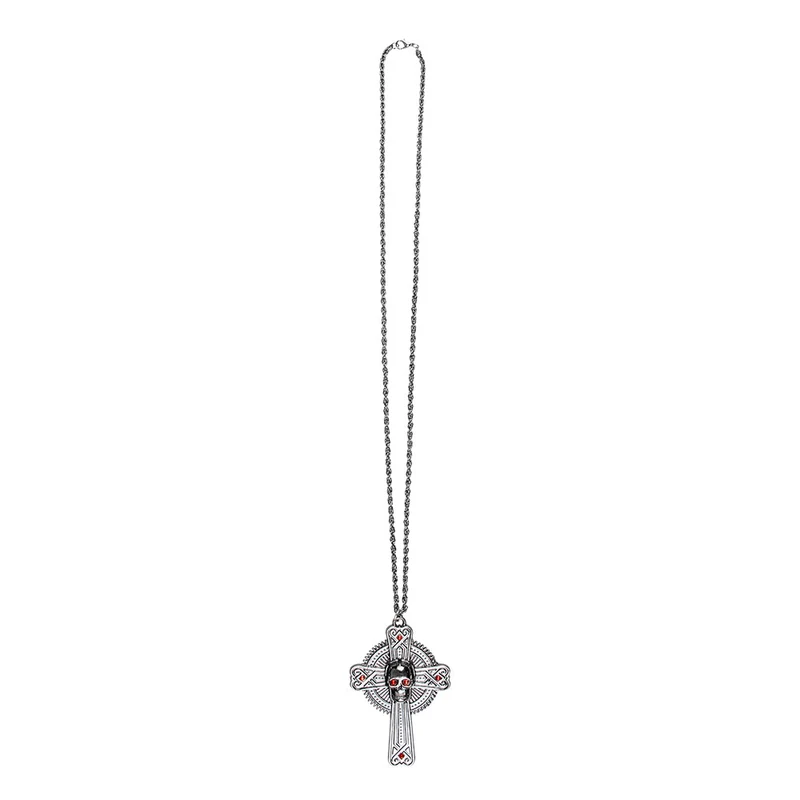 Halskette "Skull" mit Kreuz | Altsilber Rot