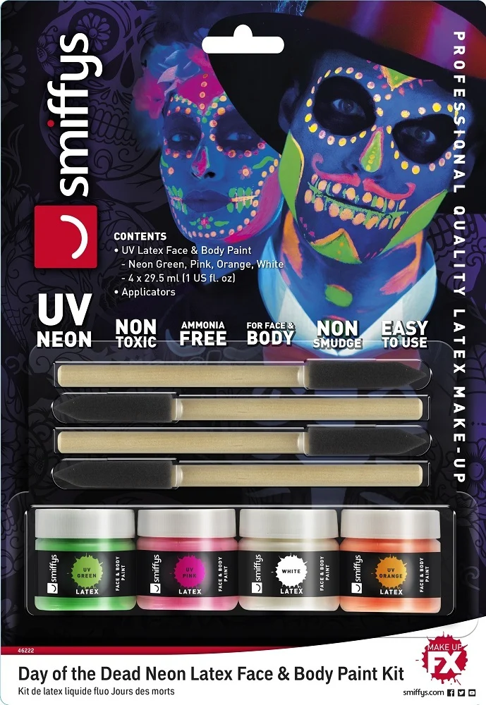 Flüssiglatex Set mit Applikator 4 x 29,5 ml - Neon Day of the Dead