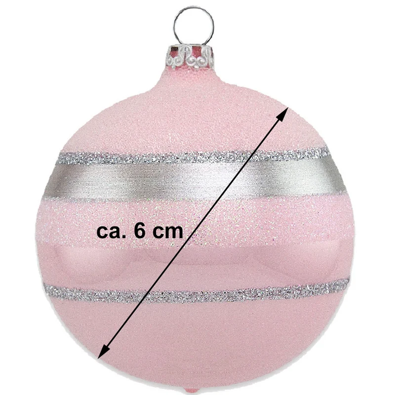 Thüringer Glasdesign Weihnachtsbaumkugel Ø 6 cm (4 Stück) - Glitterstreifen Rosa Opal