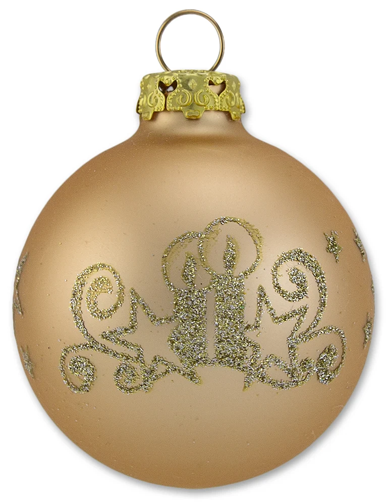 Thüringer Glasdesign Weihnachtskugel-Set 6cm 12-tlg. - Gold mit Glitzer Dekor Kerze - A012-0606-1340