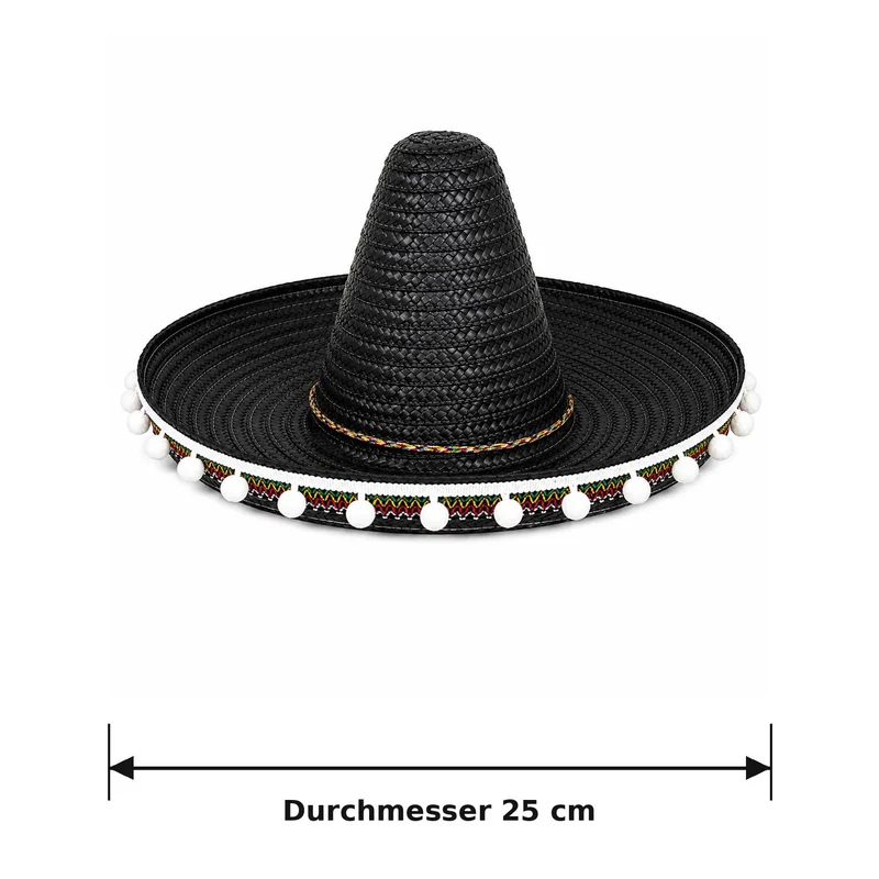 Kinder Mexikaner Sombrero mit Troddeln - Ø 25 cm | Schwarz